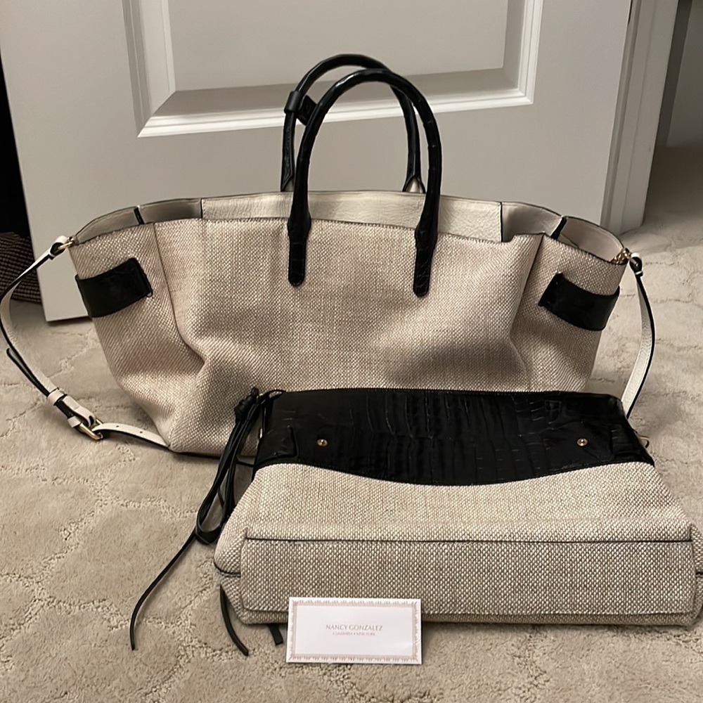 Auth Nancy Gonzalez Cristie Black Croc Leather Linen Convertible Tote w Clutch - Picture 16 of 16